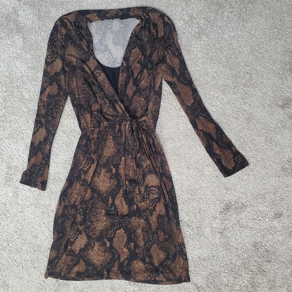 Tahari Brown Snake Print Faux Wrap Dress Size 6